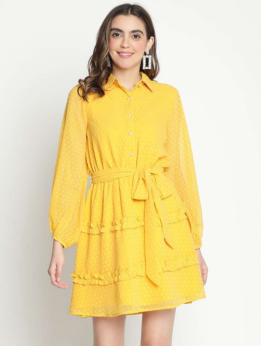 women yellow polyester fit & flare dress