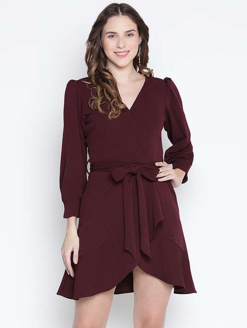 women maroon solid long sleeve wrap dress - 21399441 - Standard Image - 0