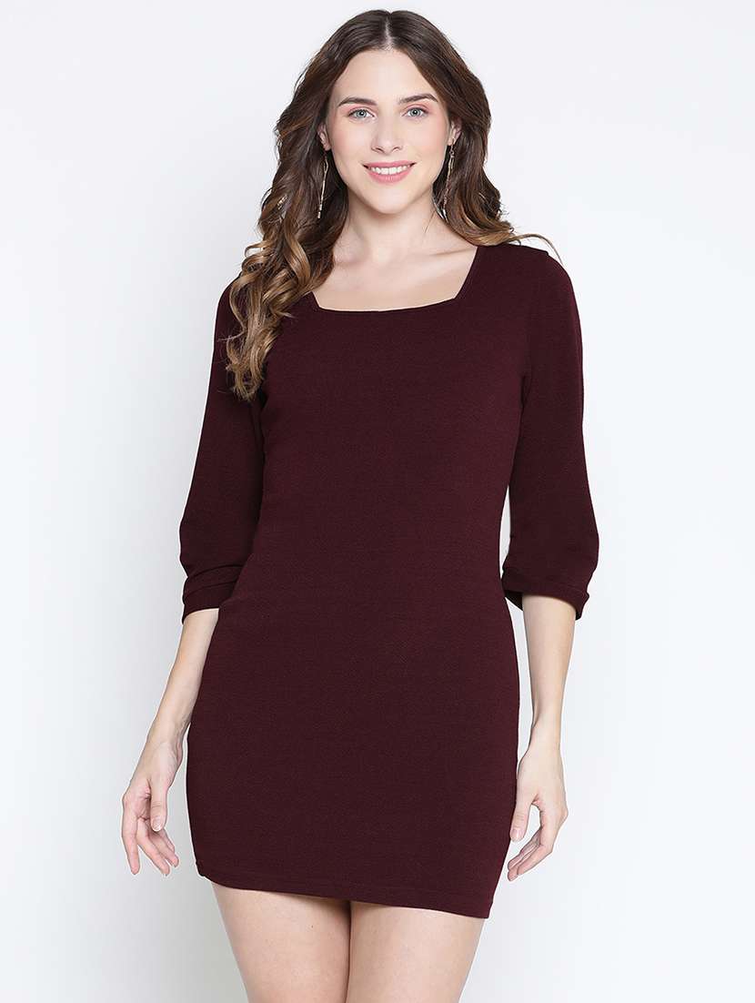 women maroon polyester bodycon dress