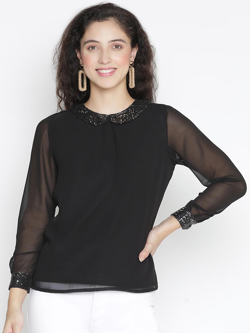 black sequin a line peter pan collar top - 21399445 -  Zoom Image - 0