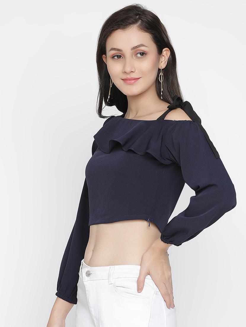 women navy blue polyester crop top - 21399476 - Standard Image - 1
