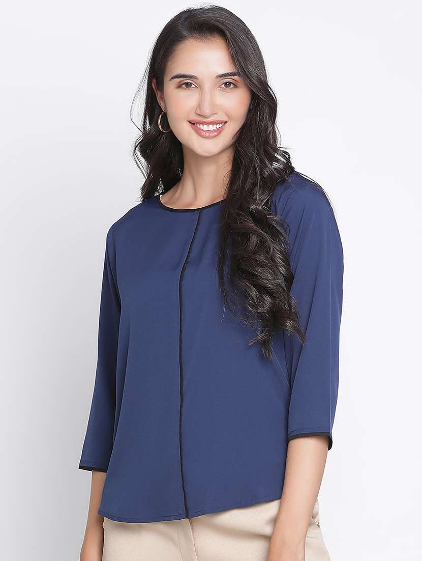 women navy blue polyester regular top