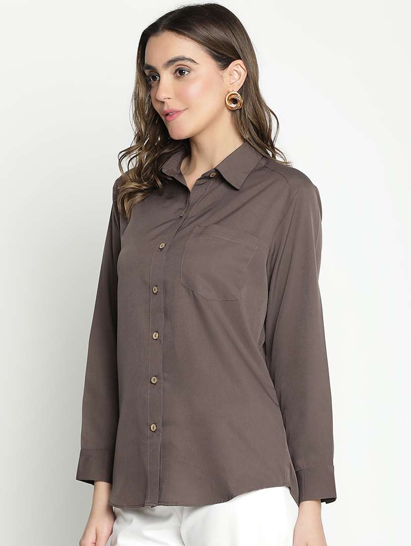 brown solid shirt top - 21399503 - Standard Image - 1
