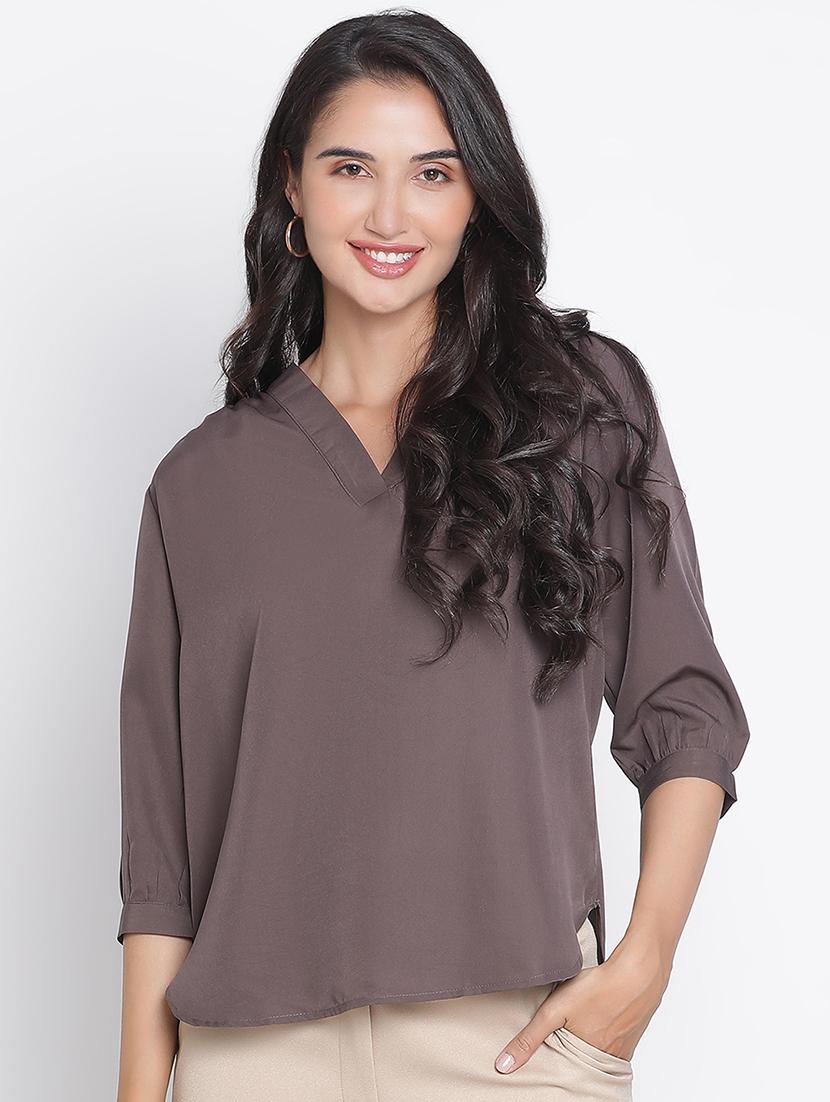 brown solid regular top - 21399505 -  Zoom Image - 0