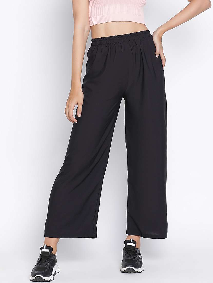 women mid-rise solid wide leg trouser