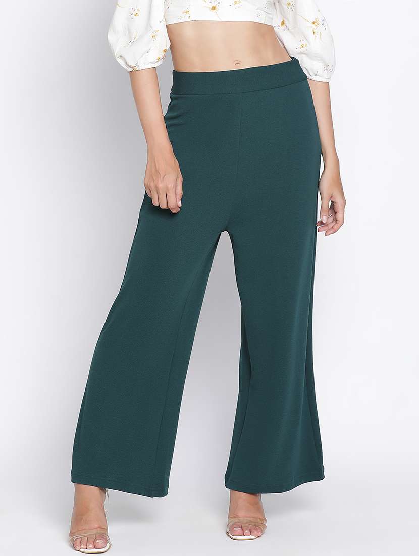 women bottle green polyester wide leg trouser
