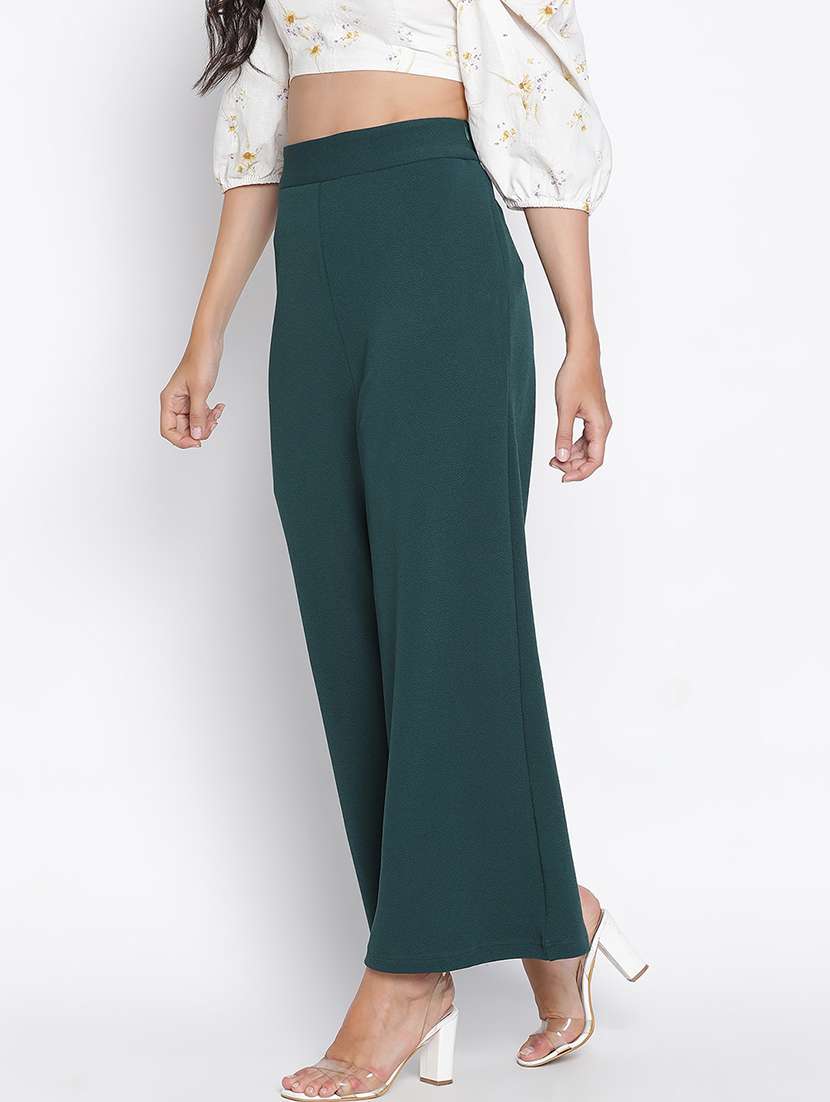 women bottle green polyester wide leg trouser - 21399554 -  Standard Image - 1
