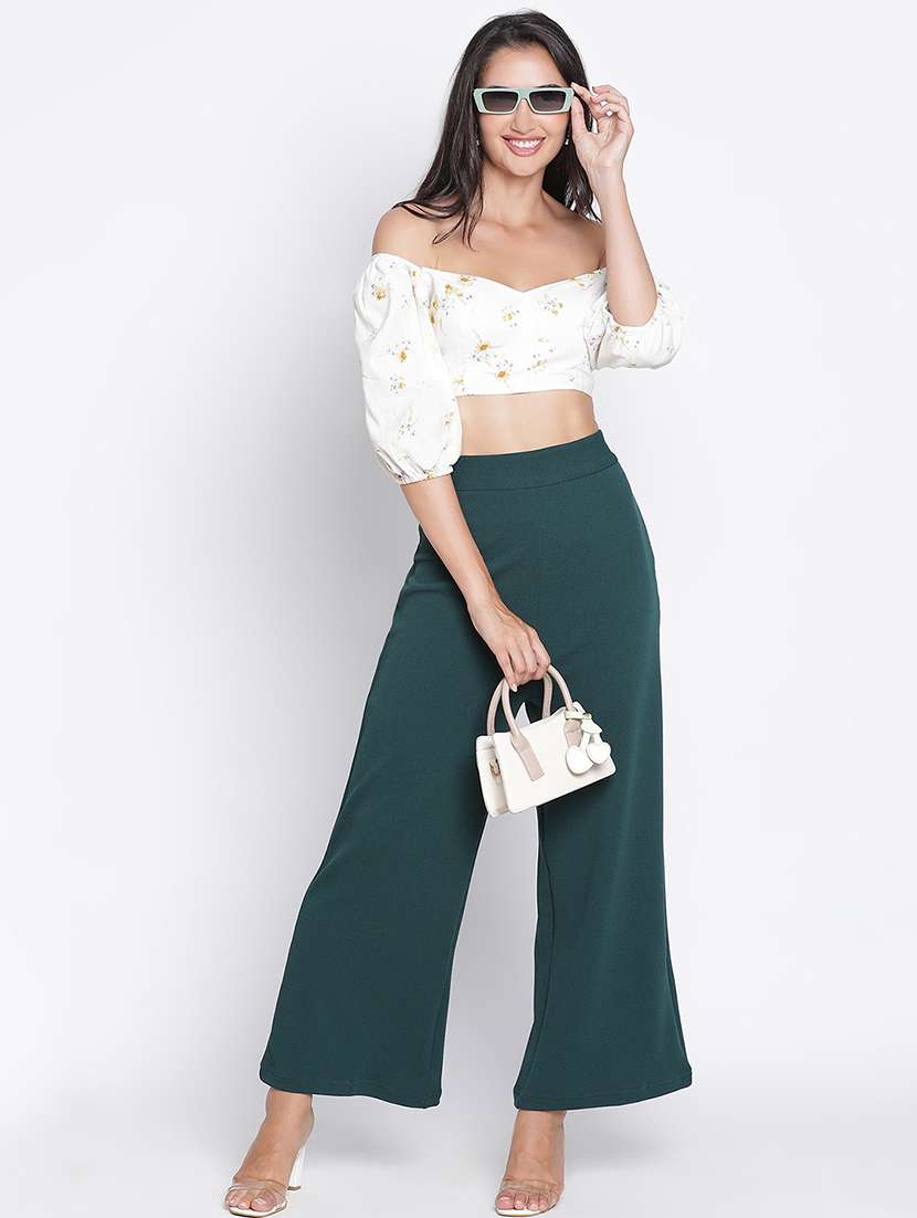 women bottle green polyester wide leg trouser - 21399554 -  Standard Image - 4