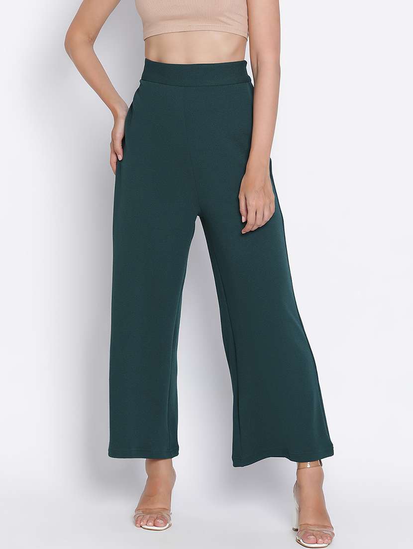 women mid-rise solid wide leg trouser