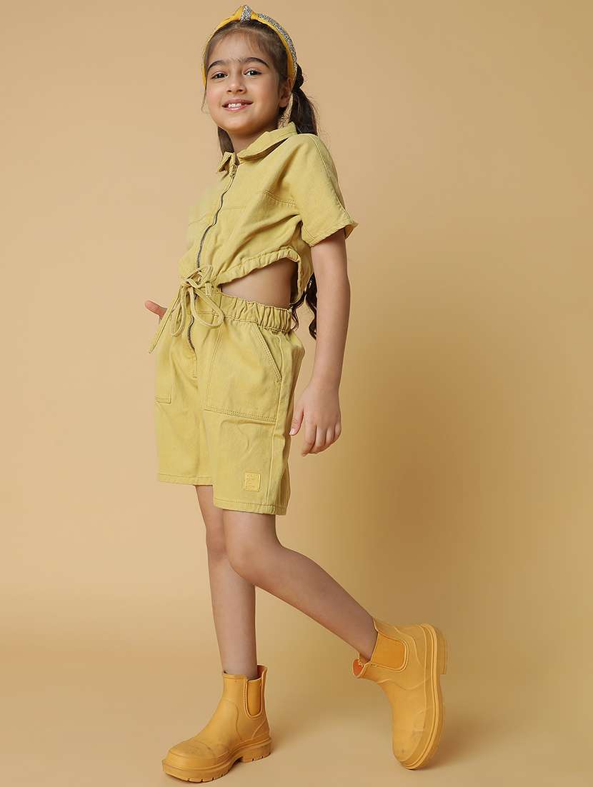 girls khaki cotton three-fourth  jumpsuit - 21399639 -  Standard Image - 1