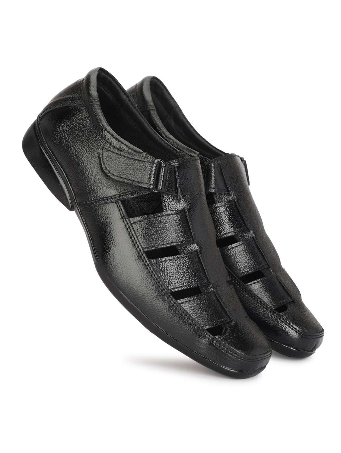 men solid black strap sandal - 21399702 -  Standard Image - 1