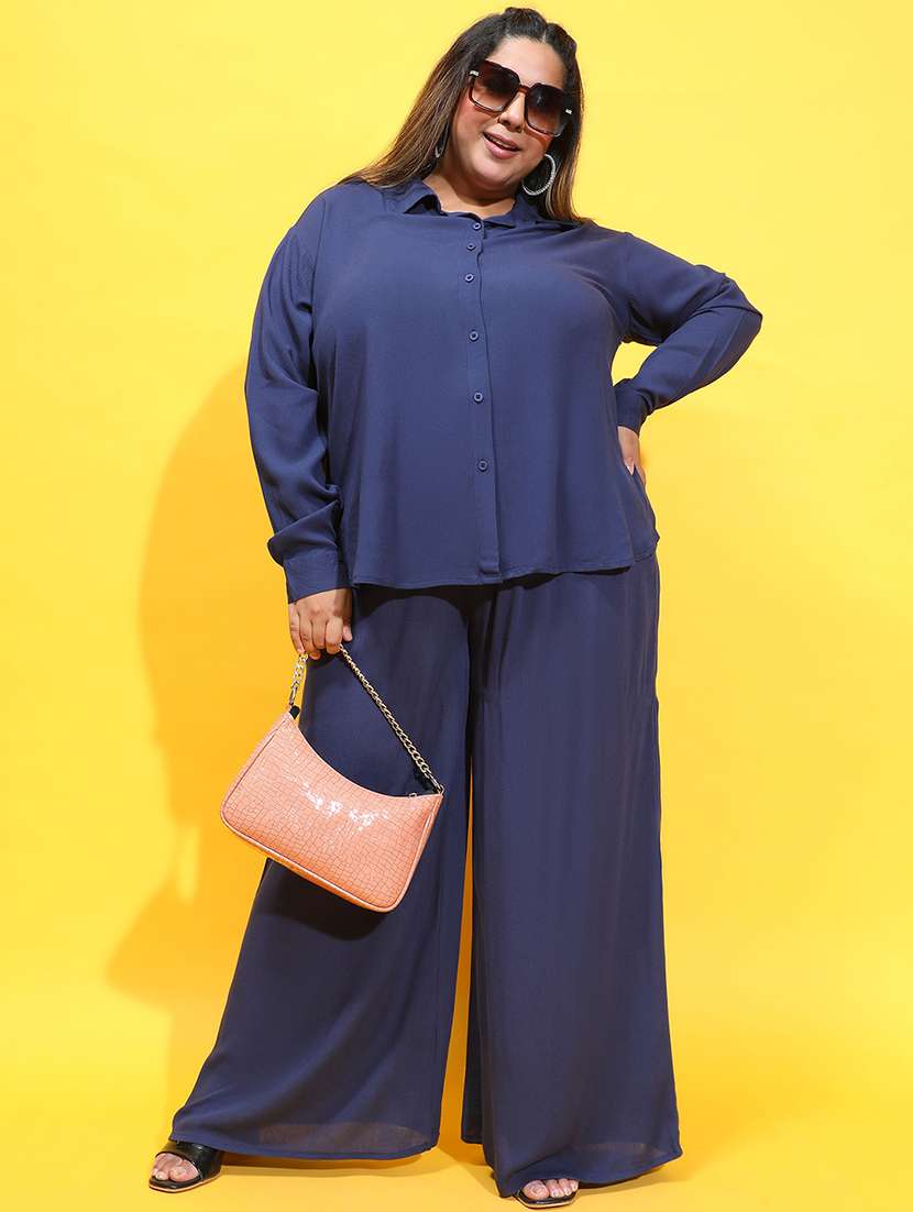 women navy blue plus size shirt and trouser co-ord set - 21399776 - Standard Image - 1