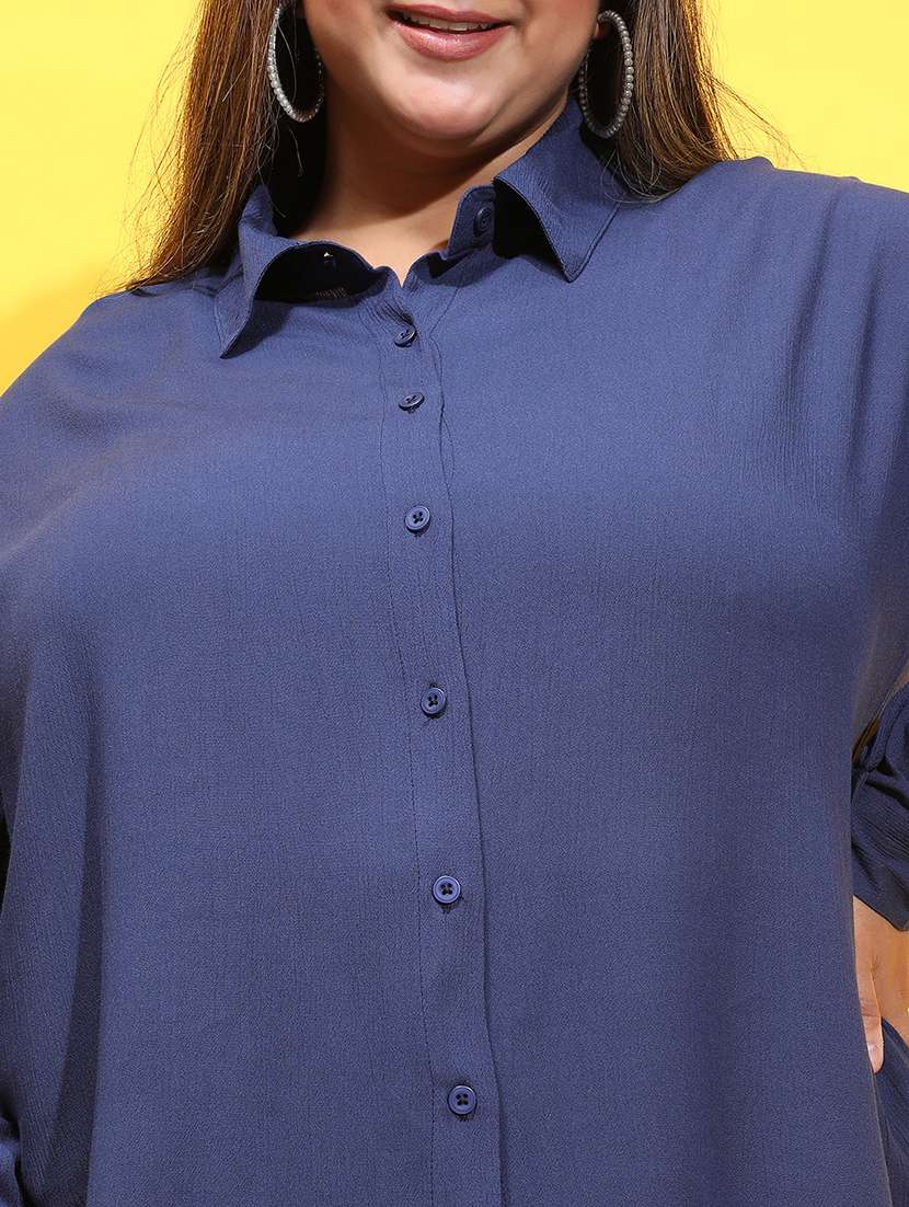 women navy blue plus size shirt and trouser co-ord set - 21399776 - Standard Image - 4
