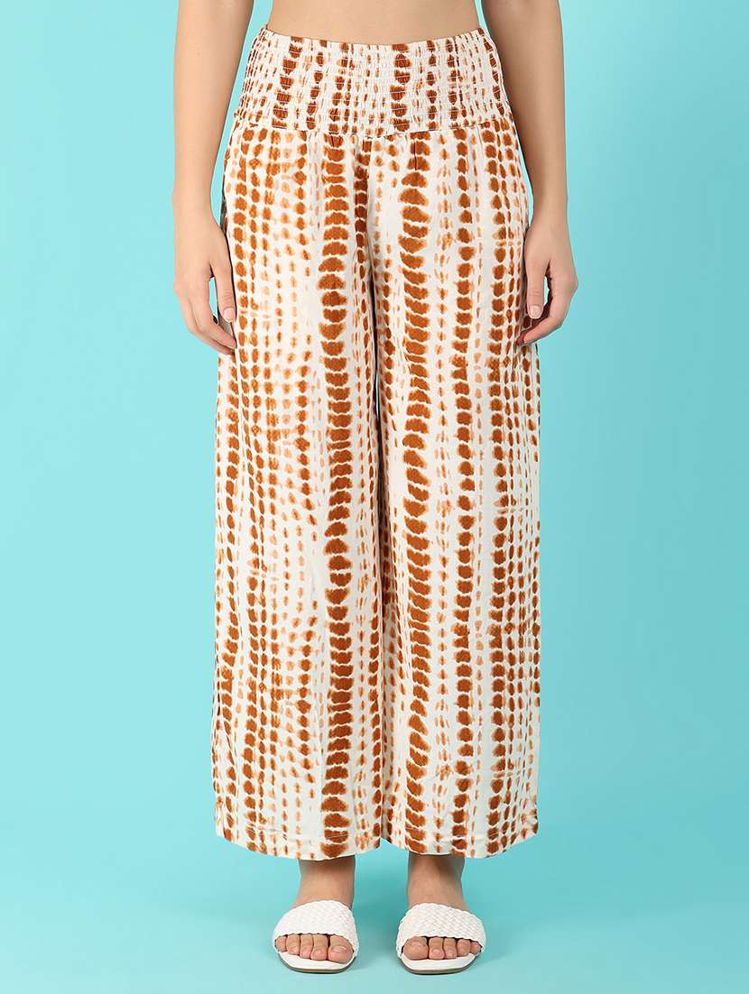 women brown shibori printed palazzos