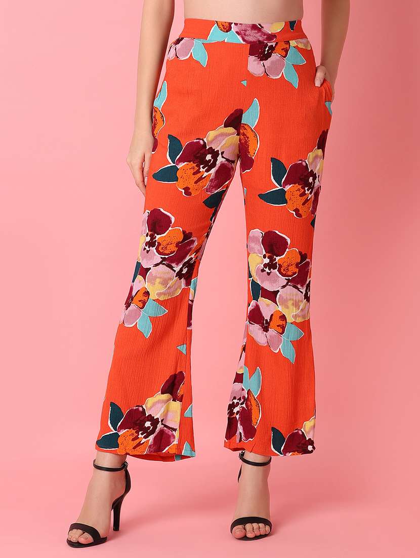women orange florals printed bootcut trouser