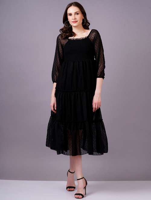 women black georgette fit & flare dress - 21399905 - Standard Image - 0
