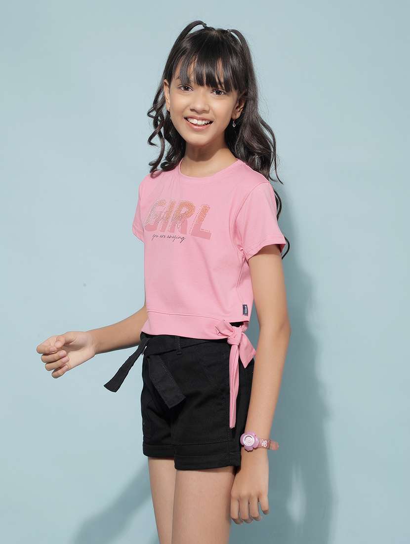 girls round neck typographic regular tee