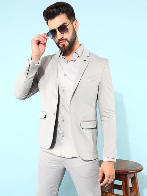 grey solid single breasted casual blazer - 21400025 -  Standard Image - 0