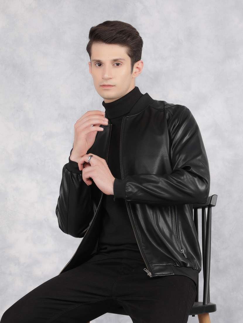 black solid leather casual jacket - 21400039 -  Standard Image - 1