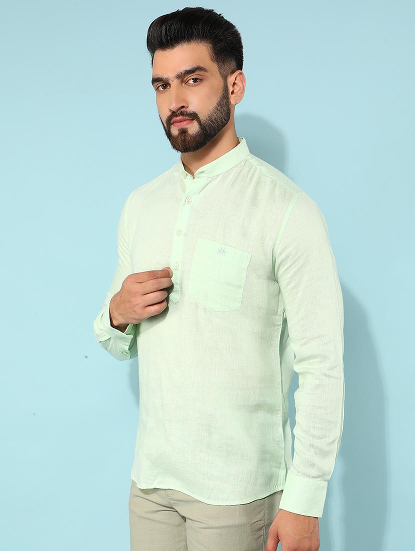 men solid long sleeve short kurta