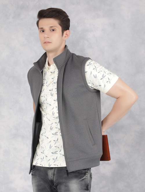 men's grey solid sleeveless casual jacket - 21400173 -  Standard Image - 0