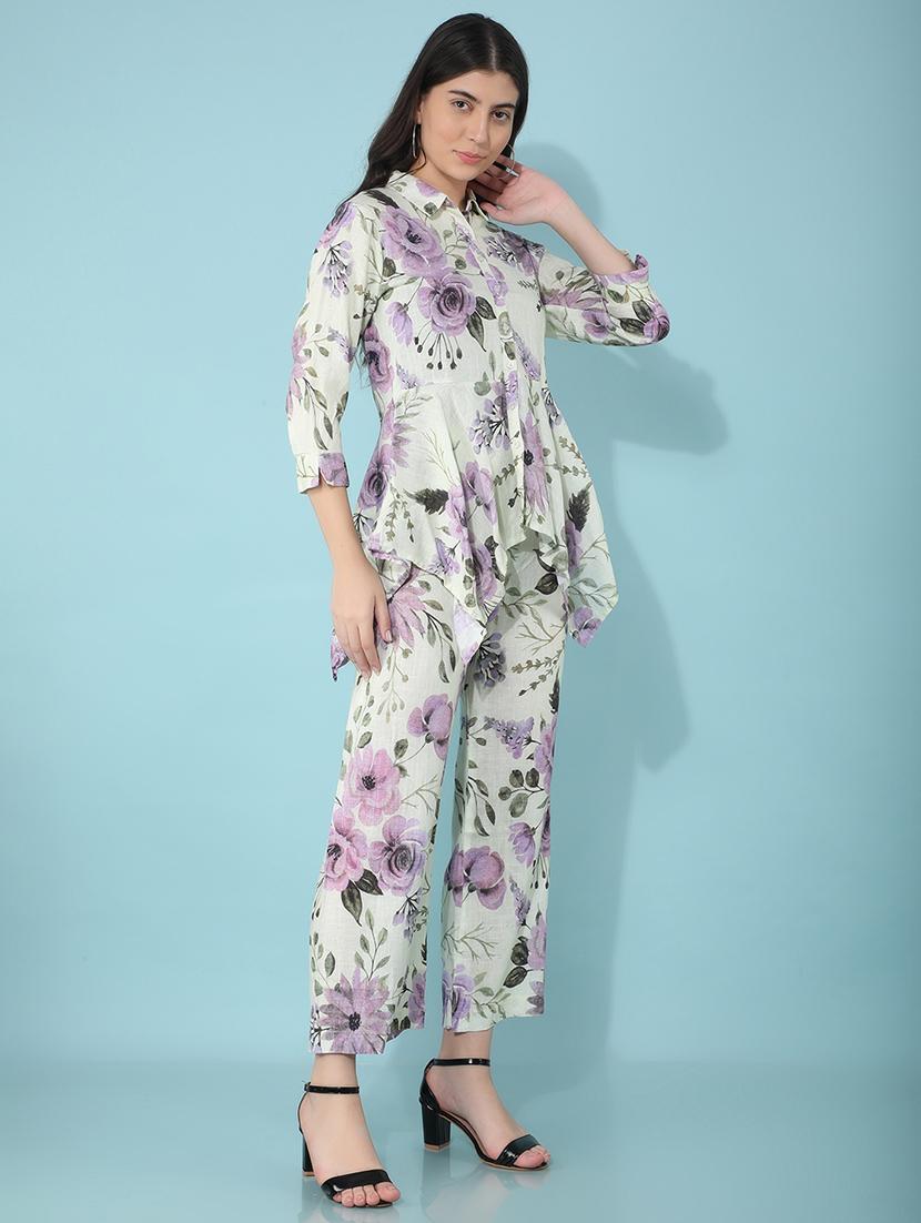 crimsoune club women's green floral print linen co-ord sets - 21400302 - Standard Image - 1
