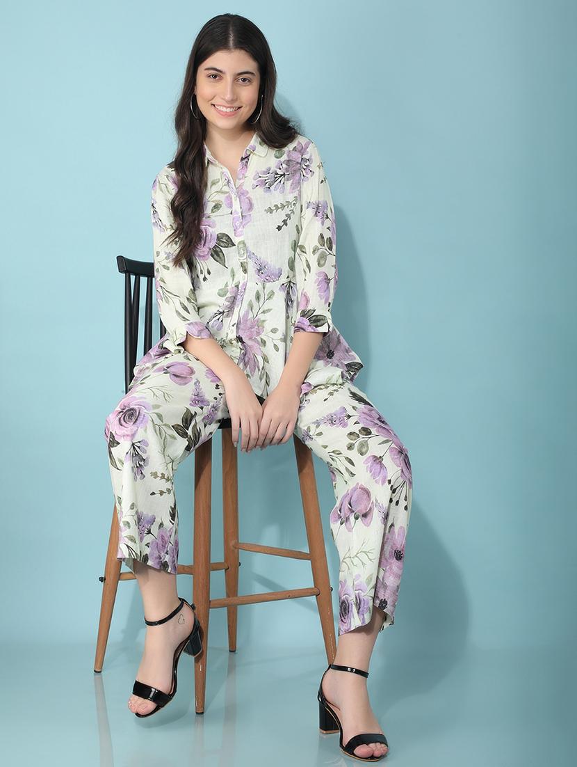 crimsoune club women's green floral print linen co-ord sets - 21400302 - Standard Image - 4