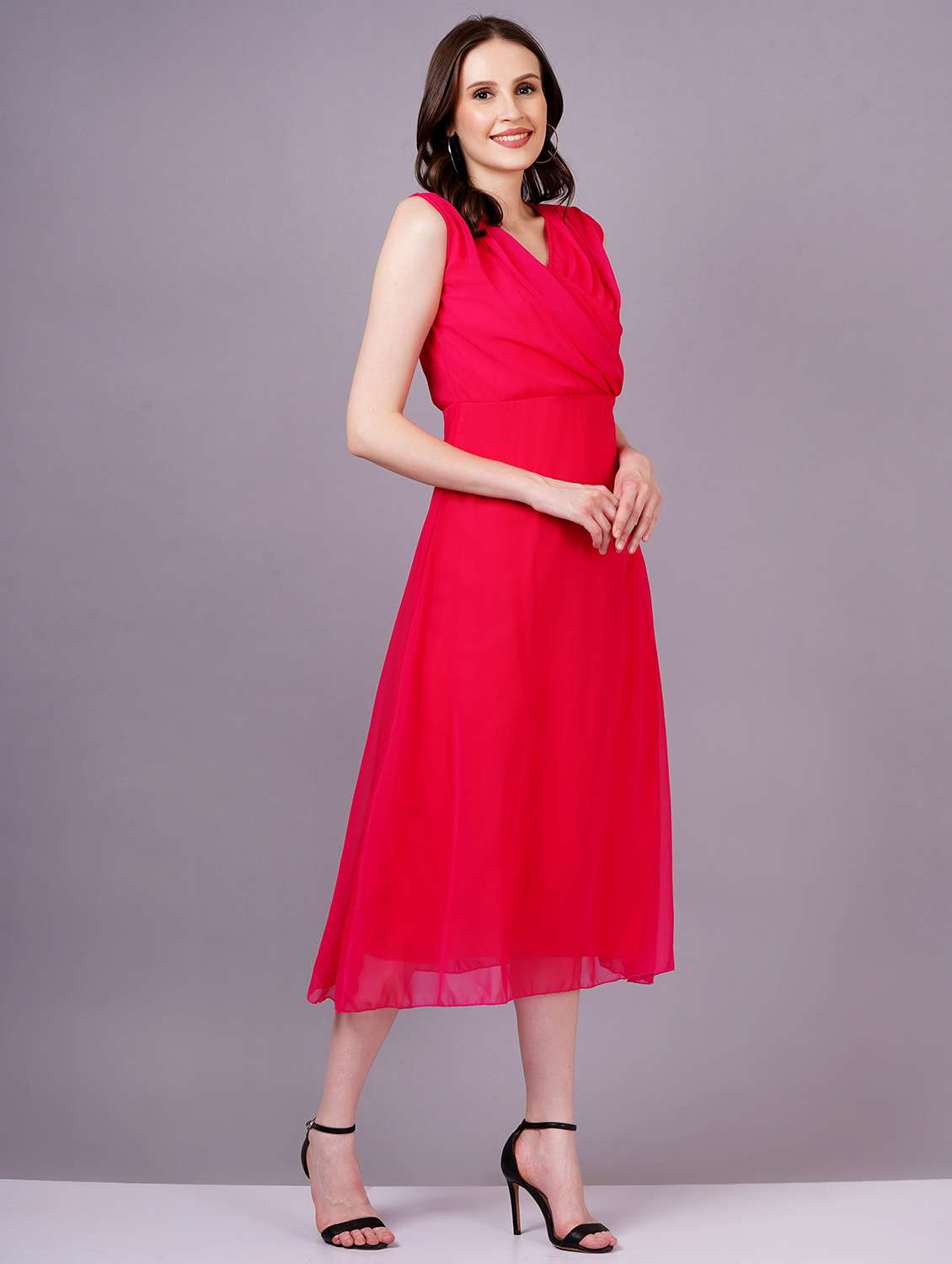 women v-neck solid a-line dress - 21400346 -  Standard Image - 1