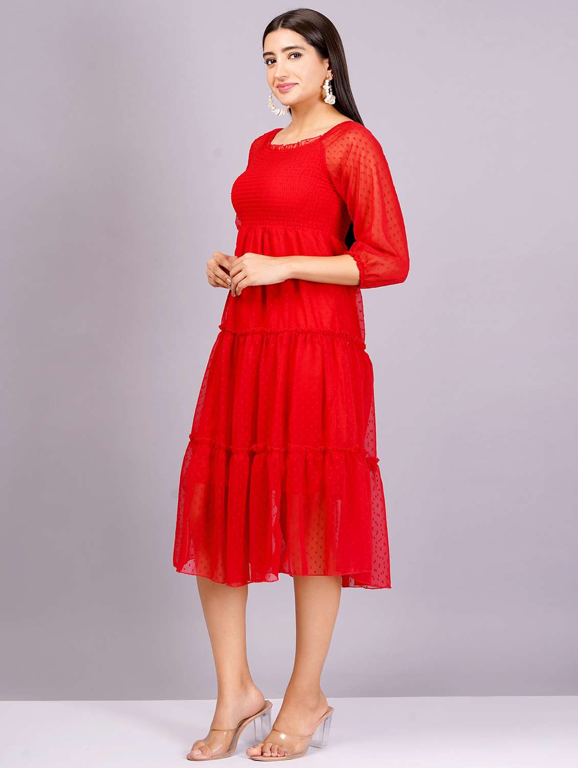women red self-designed tiered dress - 21400351 - Standard Image - 1