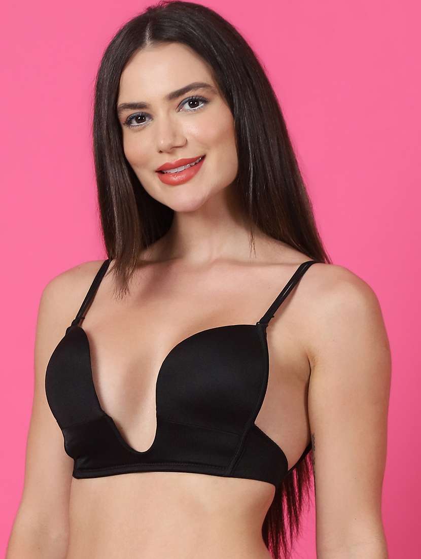 Black Solid Plunge Bra - 21400457 -  Standard Image - 1