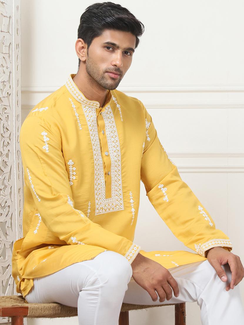 men mandarin neck embroidered long kurta - 21401428 - Standard Image - 1