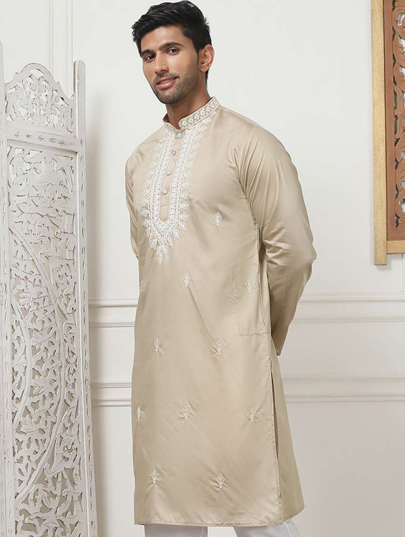 men mandarin neck embroidered long kurta