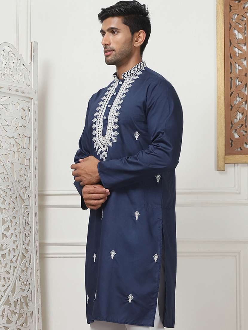 men mandarin neck embroidered long kurta