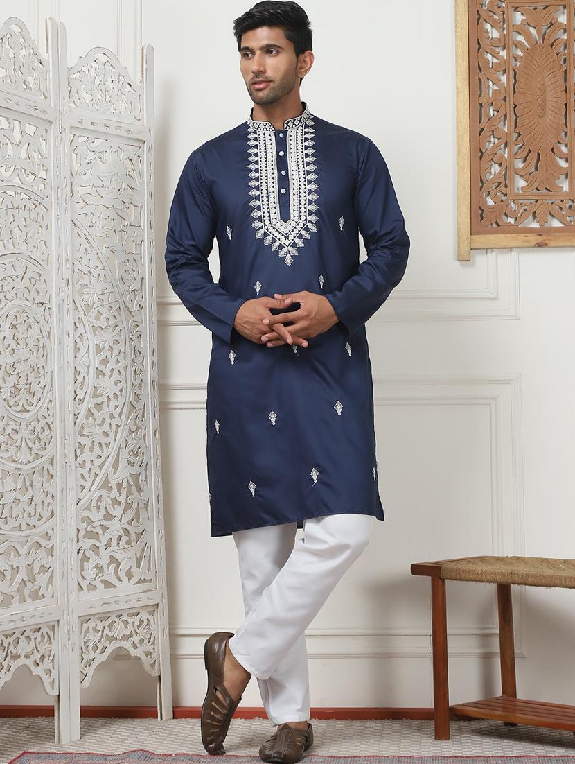 men mandarin neck embroidered long kurta - 21401431 - Standard Image - 4