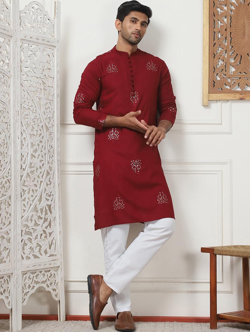 men mandarin neck embroidered long kurta - 21401438 - Standard Image - 4