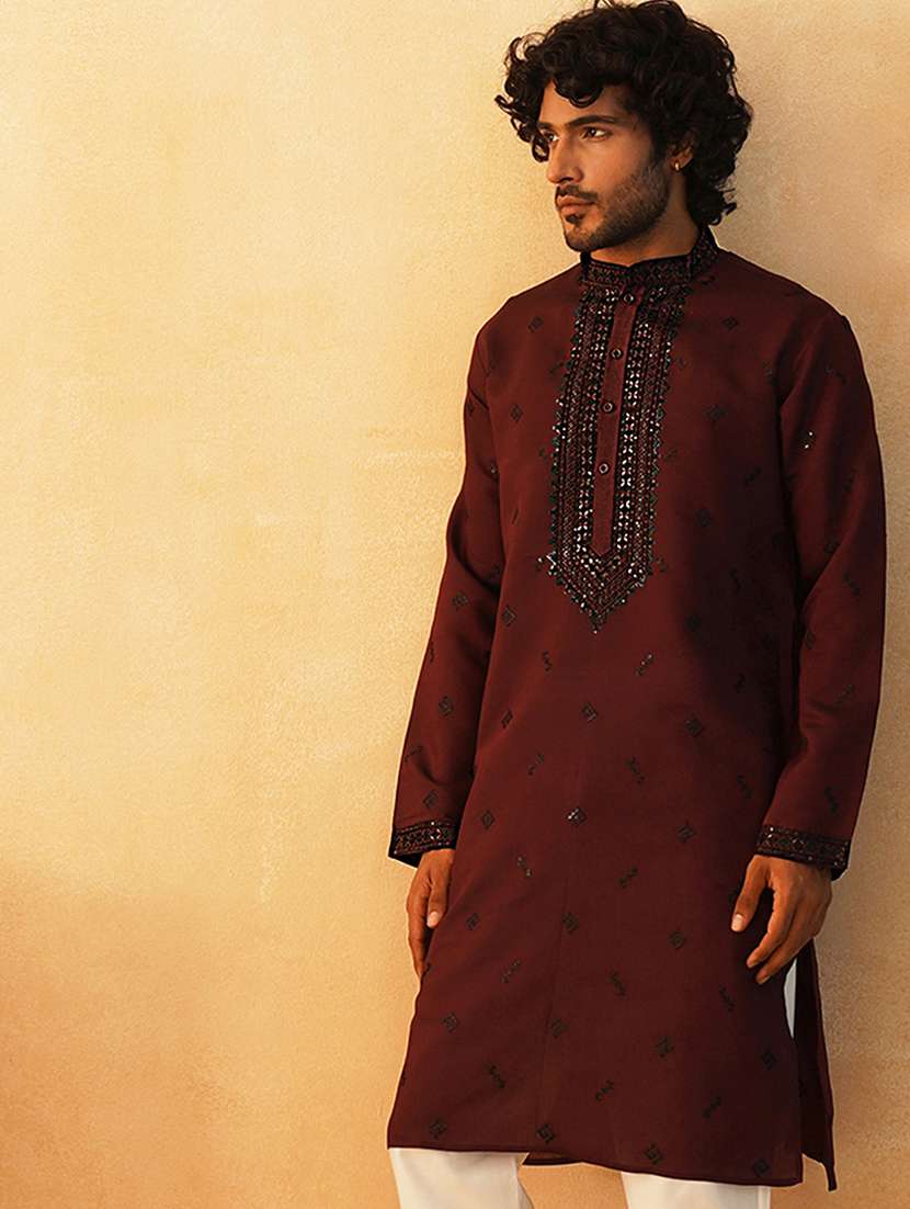 men mandarin neck embroidered long kurta - 21401444 - Standard Image - 1