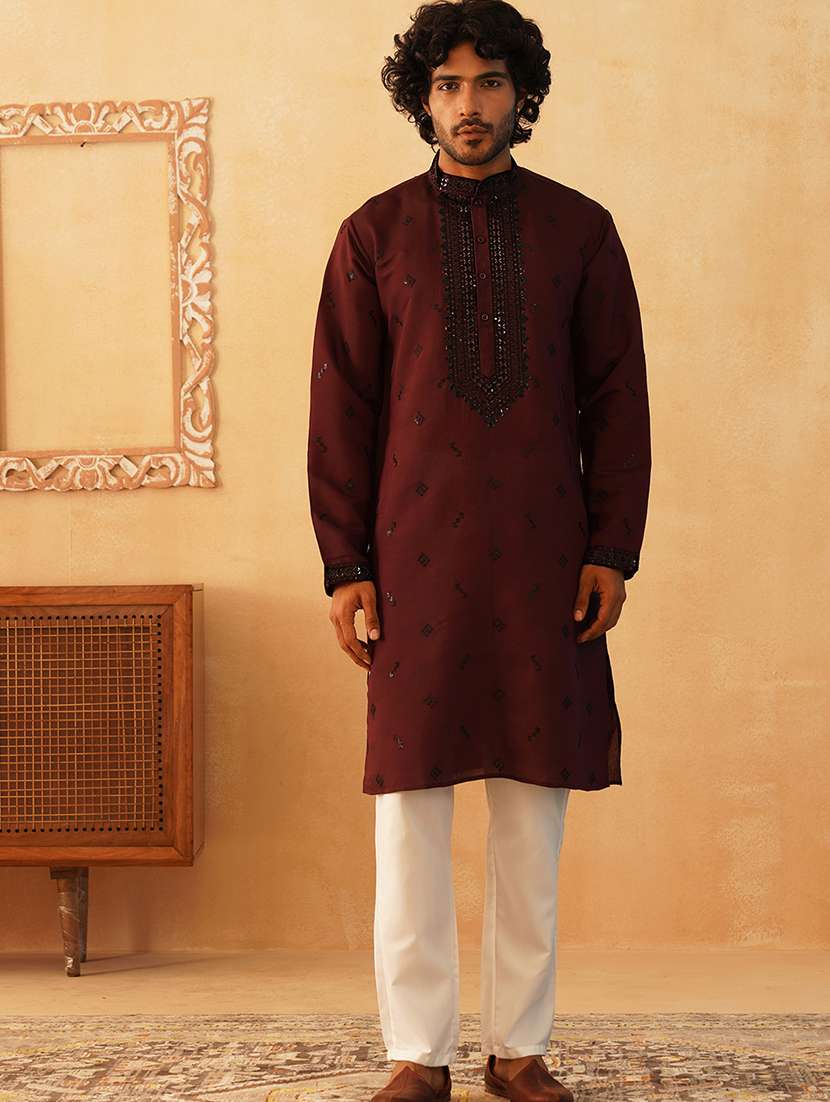 men mandarin neck embroidered long kurta - 21401444 - Standard Image - 4
