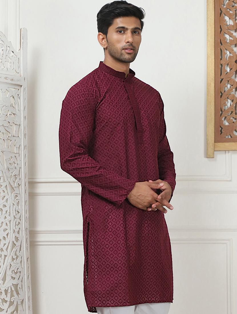 men mandarin neck embroidered long kurta - 21401446 - Standard Image - 1