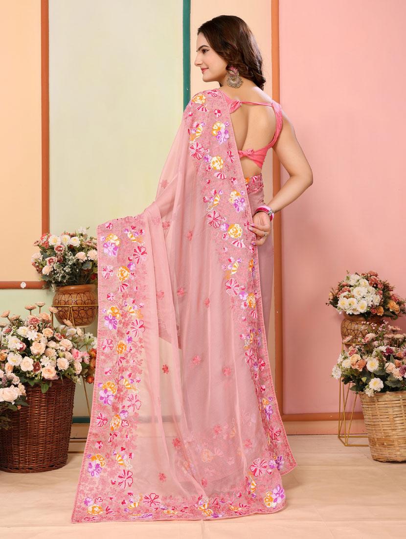 women peach embroidered saree with blouse - 21401738 - Standard Image - 1