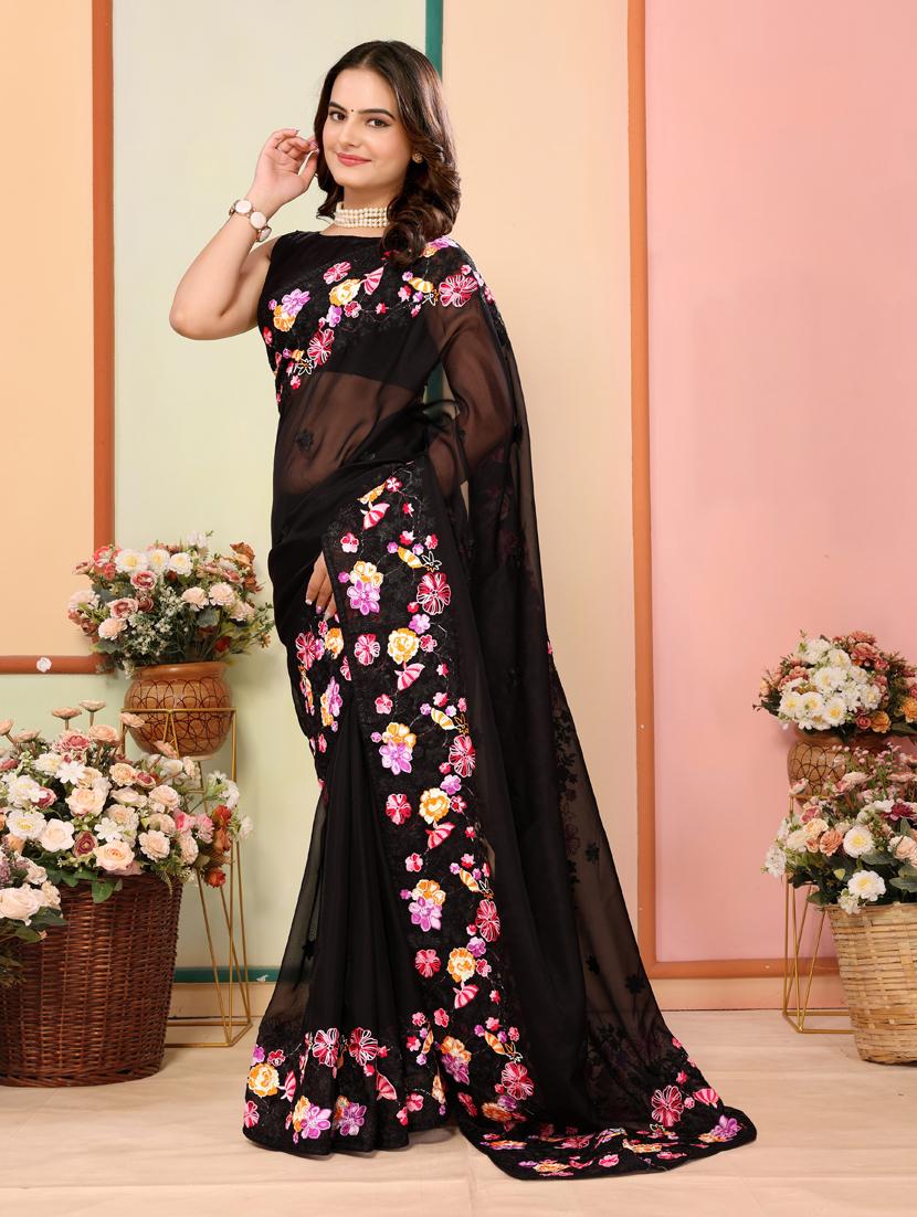 women black embroidered saree - 21401741 - Standard Image - 1