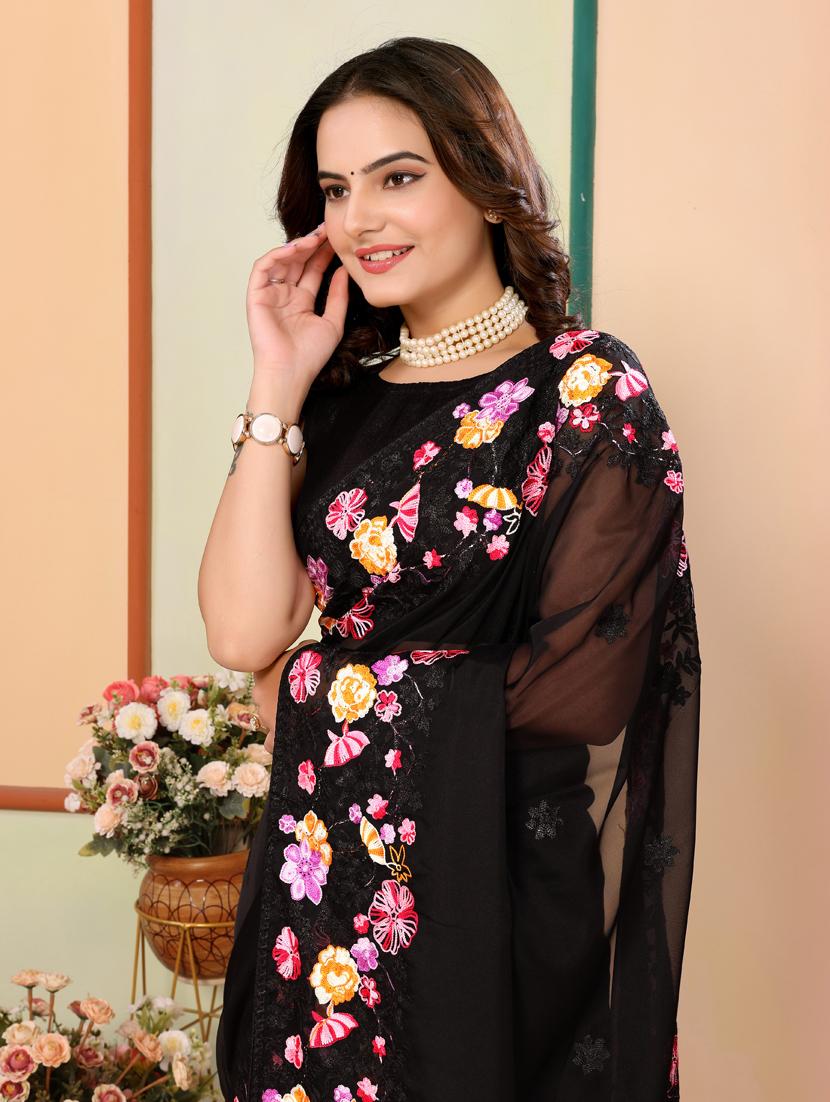 women black embroidered saree - 21401741 - Standard Image - 4