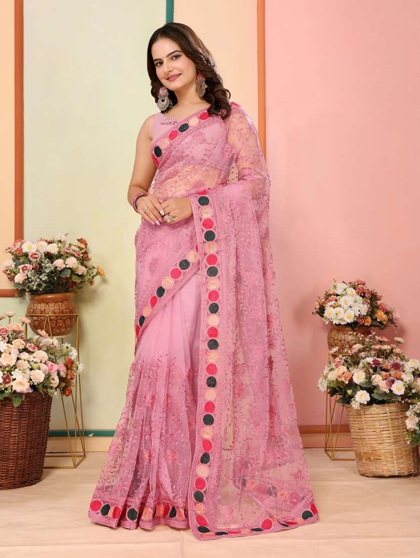 women pink embroidered saree with blouse - 21401744 -  Standard Image - 1