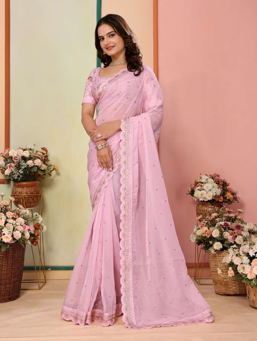 women pink embroidered saree with blouse - 21401752 -  Standard Image - 1