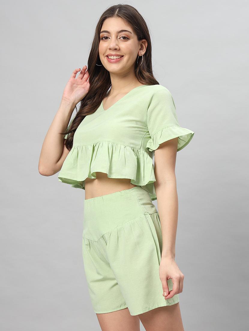 women green cotton top and shorts co-ord set - 21401793 - Standard Image - 1
