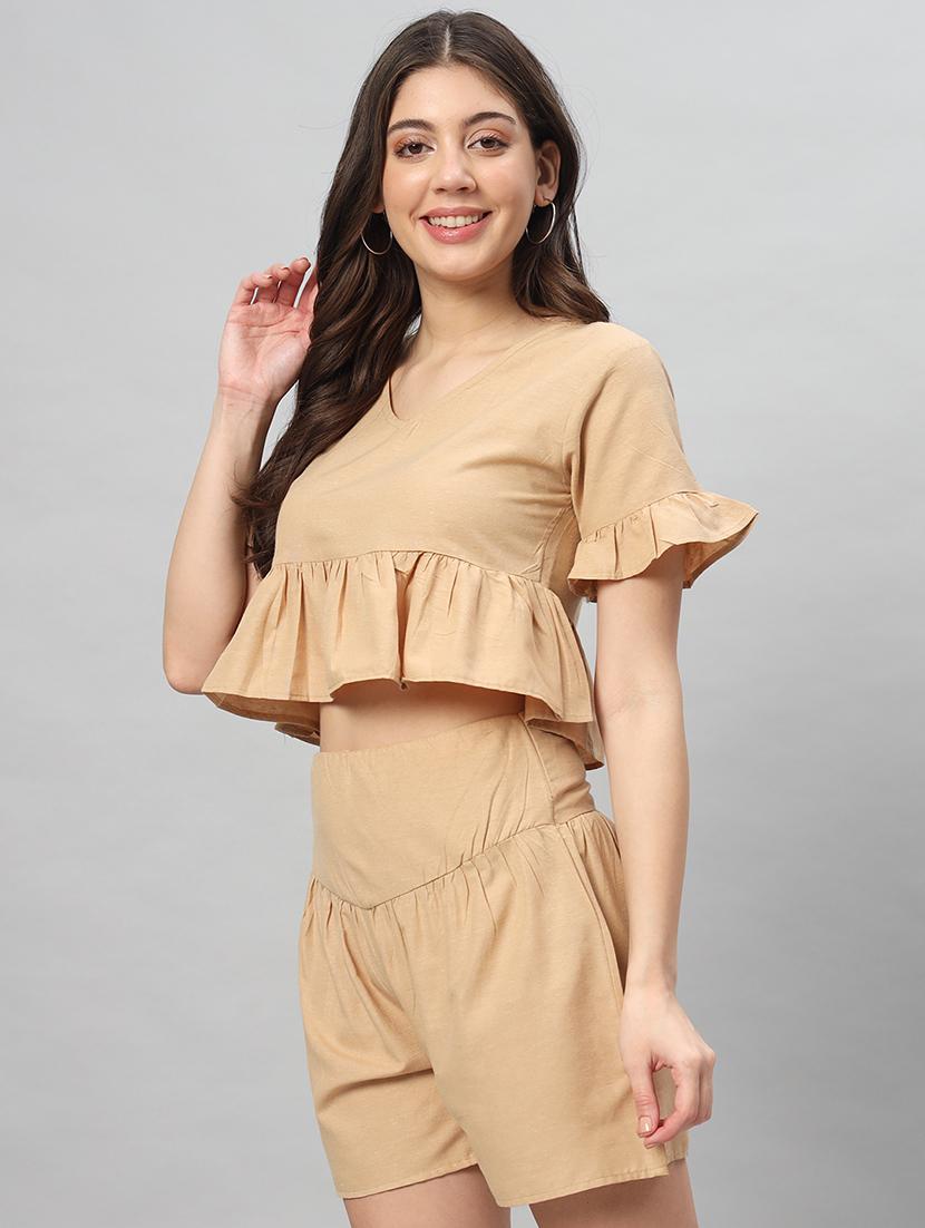 women nude brown cotton top and shorts co-ord set - 21401794 - Standard Image - 1