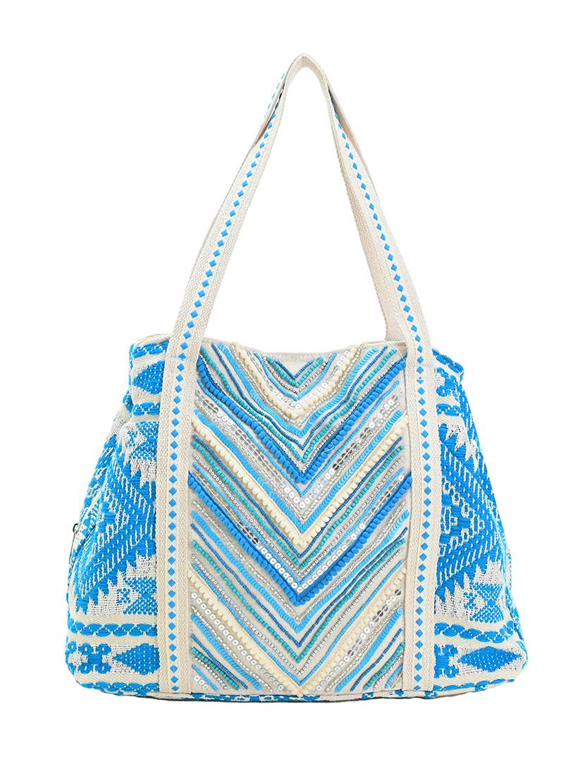 blue cotton messenger tote bag