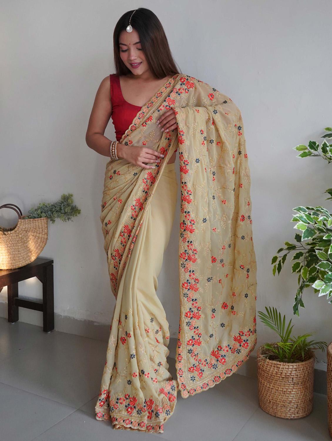 women beige embroidered saree with blouse - 21402052 -  Zoom Image - 0