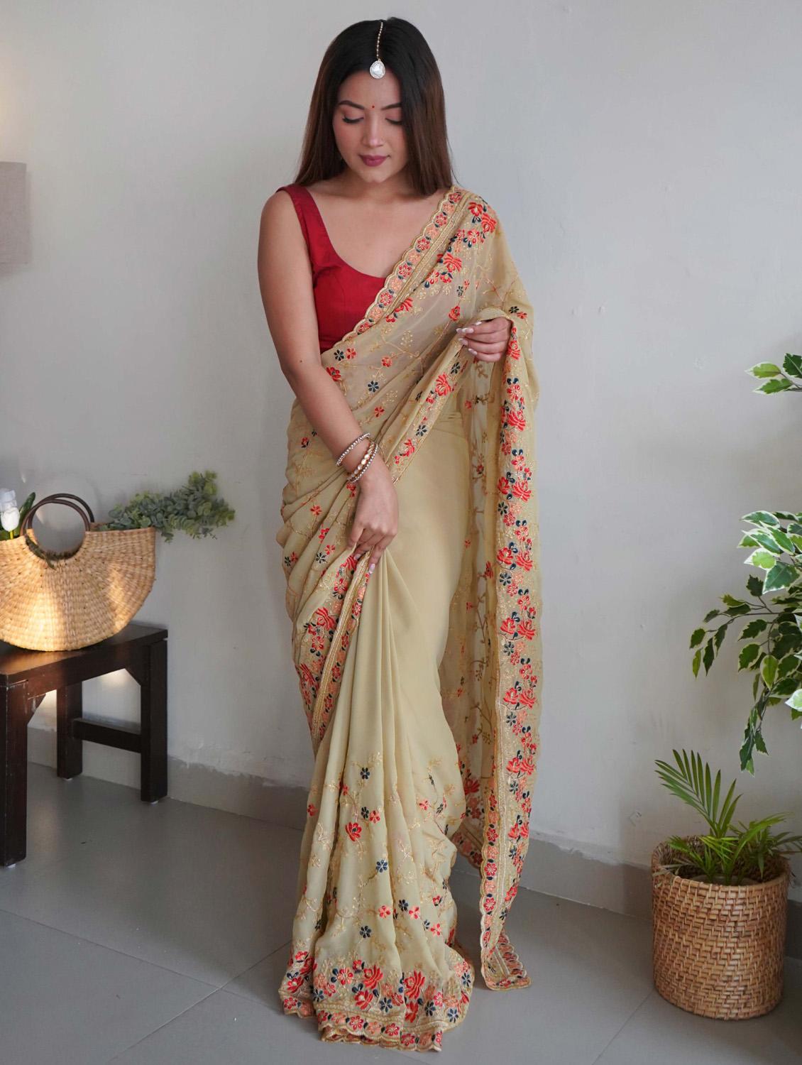 women beige embroidered saree with blouse - 21402052 - Standard Image - 1