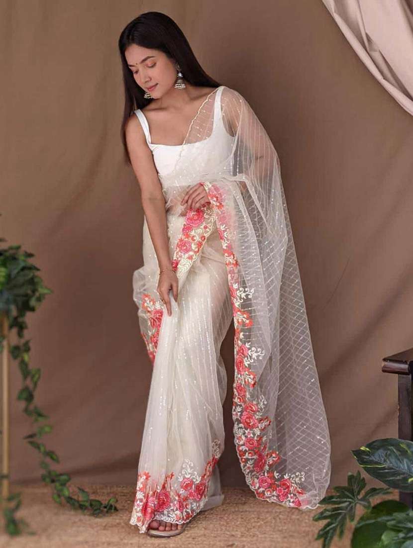 women off white sequin work embroidered saree with blouse - 21402080 -  Standard Image - 1