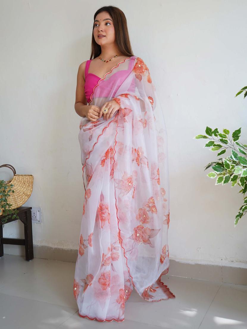women white floral printed saree with blouse